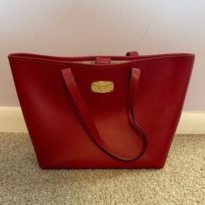 Michael Kora Red Leather Tote Bag with Gold Plaque